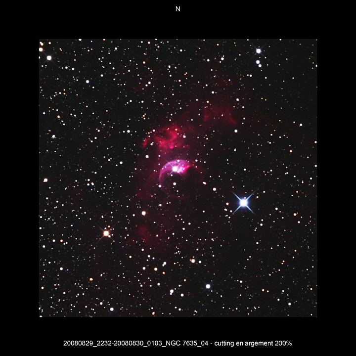 20080829_2232-20080830_0103_NGC 7635_04 - cutting enlargement 200pc.JPG -  Cas Newton d 309,5 / af 1623 & Coma Corrector CANON-EOS5D (AFC-Filter) 800 ASA no add. filter 10 light-frames 360s, auto dark, 5 flat, 10 bias Guidemaster, DSS, Canon-RAW-Image, Adobe-PS-CS3 thin upper fog  